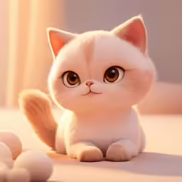 white cat sitting next to a pile of balls