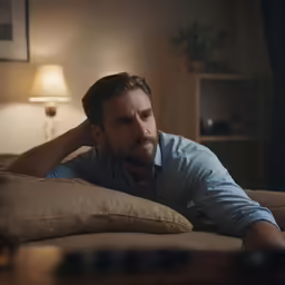 a man laying on a bed under a lamp