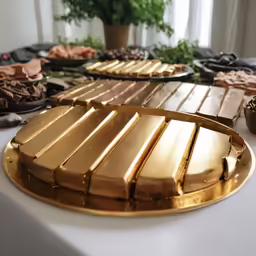 chocolate desserts on serving platters in gold and chocolate