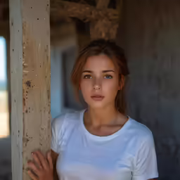 a girl standing in a doorway and leaning on the pole