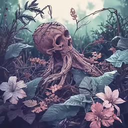 this is a digital painting of a creepy skeleton surrounded by flowers and plants