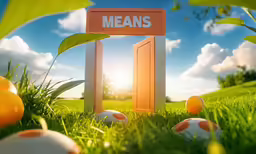 an open door in the grass and eggs surrounding it