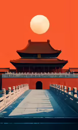 an orange sky is seen over a walkway with steps leading towards an entrance