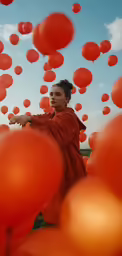 woman in a red dress and balloons flying