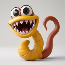 a yellow creature with teeth and eyes is standing next to an orange worm