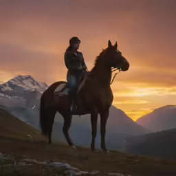 a woman is riding a horse while a mountain range sits in the background