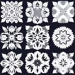 white flower designs are arranged on a black background,several different designs on a black background,white paper snowflakes on a black background,a set of nine decorative snowflakes,twelve snowflakes in black and white on a black background