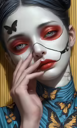 a woman with a butterfly painted face posing for a portrait