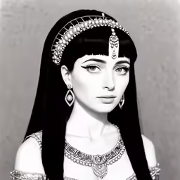 black and white photograph of woman with dark hair wearing traditional costume