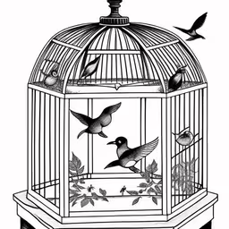 two birds are in a birdcage and one is flying,a bird cage with two birds flying around it,the bird is in a cage with birds inside it,birdcage with birds and hummings in it,bird in the cage, three birds flying out of it