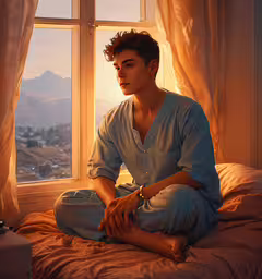 a man sitting on top of a bed in front of a window,a man sitting on top of a bed under a window