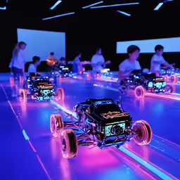 two hot wheels driving on a glowing road