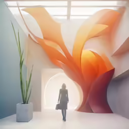 a woman is walking into an art exhibit
