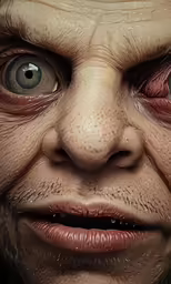 a close up of a creepy man with big eyes