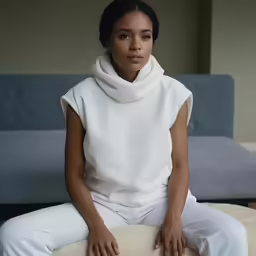 a woman sitting on a couch wearing white