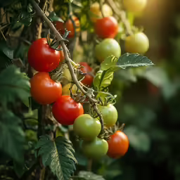 several tomatoes hanging on the vine in an orchard