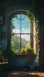 a room with plants and an oval window