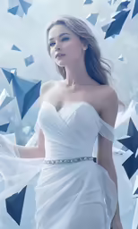 a woman is posing in a dress surrounded by a lot of blue and white umbrellas