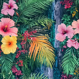 tropical flowers and greenery are painted with colored paint