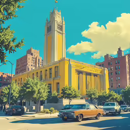 the buildings on the street with many cars