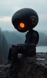 a camera with an eye ball on top sitting in front of a body of water