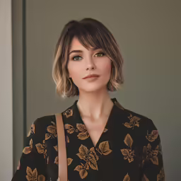 a woman wearing a black and gold patterned blouse