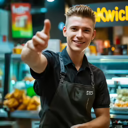a man giving the thumbs up sign next to an open market