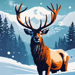 a deer with antlers stands in snow, looking into the distance,a red deer with big antlers standing in the snow