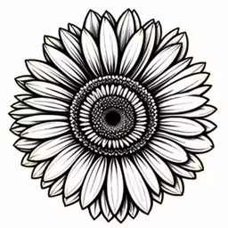 a black and white picture of a sunflower with spirals,a drawing of a sunflower on a white background