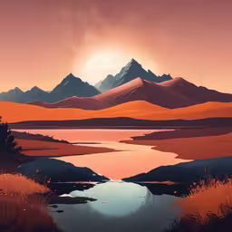 sunset over a lake with mountains and trees,this is a digital painting of a sunset over water