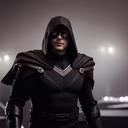 the arrow in black costume standing at night with fog and lights
