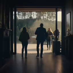 some people standing and a person walking in an open door