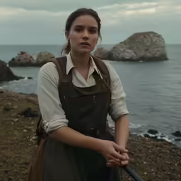 a beautiful woman standing on top of a rocky beach