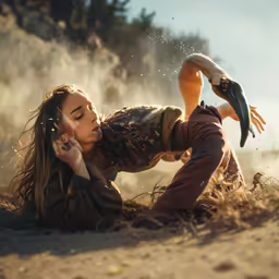 woman on the beach laying down with a bird next to her