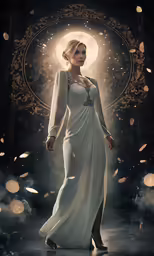 a woman in a white gown walking around