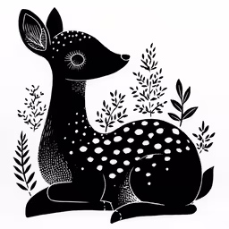 a deer sitting next to some trees in the forest,a black and white deer and some plants