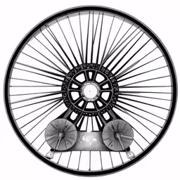 a bicycle wheel with two spokes and a small round white object