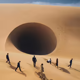 some people walk up a hill towards a huge structure