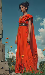 a woman standing in a field with sunflowers