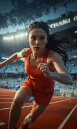 woman running on running track with crowd watching