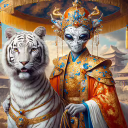 two white tiger and an alien man standing next to each other