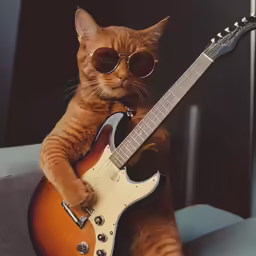 the cat is playing with a guitar on the couch