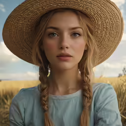 the girl in a straw hat is sitting in the field