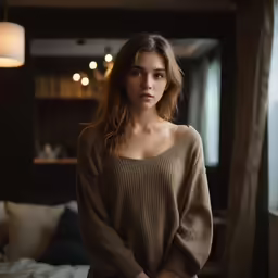 woman sitting on a bed with her legs crossed wearing a sweater
