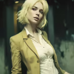 the blonde woman in the tan suit is posing for a picture
