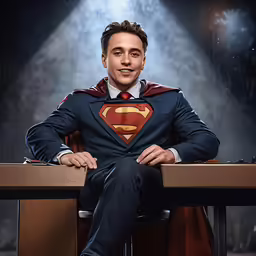 a man sitting at a table in front of a dark background with his hand on his hips, holding a red and white superman suit on