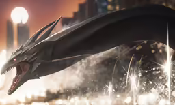 a giant black dragon with spikes is flying through the air
