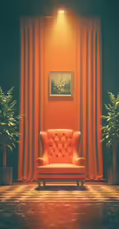 an old armchair sitting against the orange wall in front of a plant and window