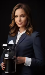 a woman is posing for a picture with her coffee pot