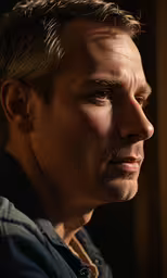 a man looking at something while wearing a shirt,a man in a black shirt staring into the distance